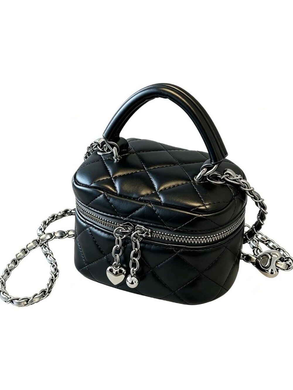 Chic Mini Crossbody Bag, Silver Quilted Metallic Purse with Chain Strap & Heart